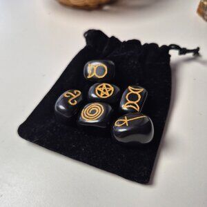 Black Agate Wiccan Symbol Stones in Bag (Set of 6)